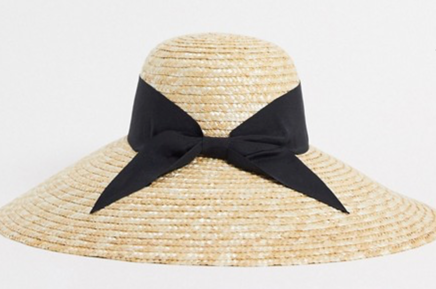 ASOS DESIGN curved crown flat brim natural straw hat with bow and size adjuster in black.png