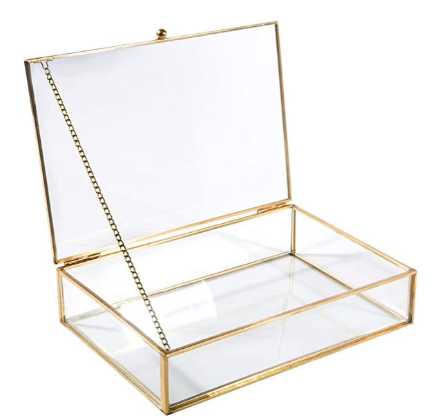 Home Details Vintage Mirrored Bottom Glass Keepsake Box Jewelry Organizer, Decorative Accent, Vanity, Wedding Bridal Party Gift, Candy Table Décor Jars & Boxes, Gold.png