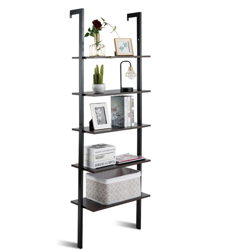 Tangkula 5-Tier Ladder Shelf Against The Wall, Industrial Bookcase, Display Storage Rack, Plant Flower Stand, Wood Look Bookshelf with Metal Frame, Ideal for Home Office (Dark-Brown).png